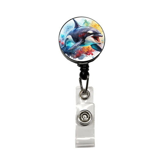 Angry Orca Killer Whale Watercolor Retractable ID Key Card Name Tag Badge Holder with Clip