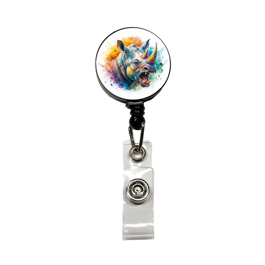 Angry Rhino Rhinoceros Watercolor Retractable ID Key Card Name Tag Badge Holder with Clip