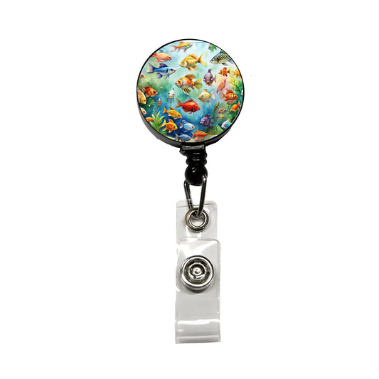 Aquarium Full Of Fish Watercolor Retractable ID Key Card Name Tag Badge Holder with Clip