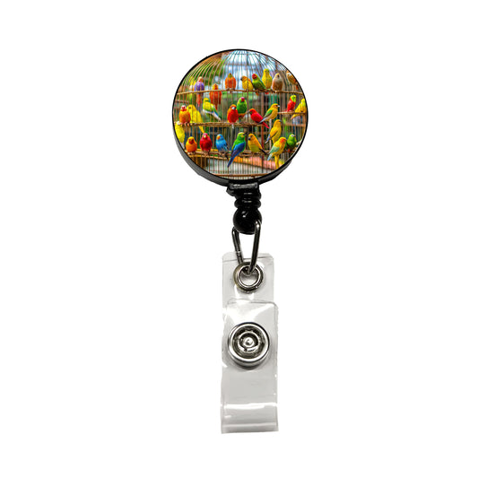Bird Cage with Canaries Retractable ID Key Card Name Tag Badge Holder with Clip