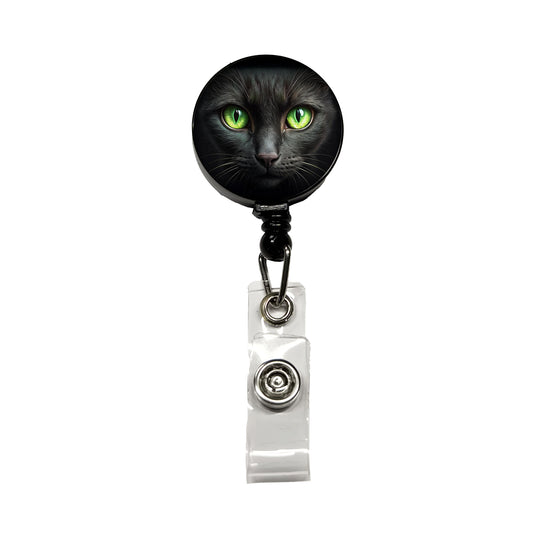 Black Cat with Green Eyes Retractable ID Key Card Name Tag Badge Holder with Clip