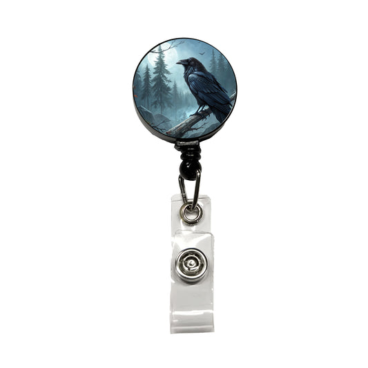Black Raven at Night Under a Full Moon Retractable ID Key Card Name Tag Badge Holder with Clip