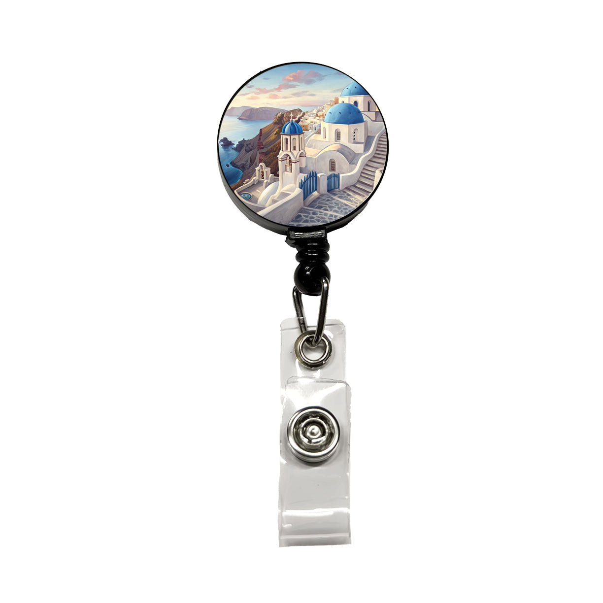 Blue Domes Of Oia Santorini Greece Aegean Sea Retractable ID Key Card Name Tag Badge Holder with Clip
