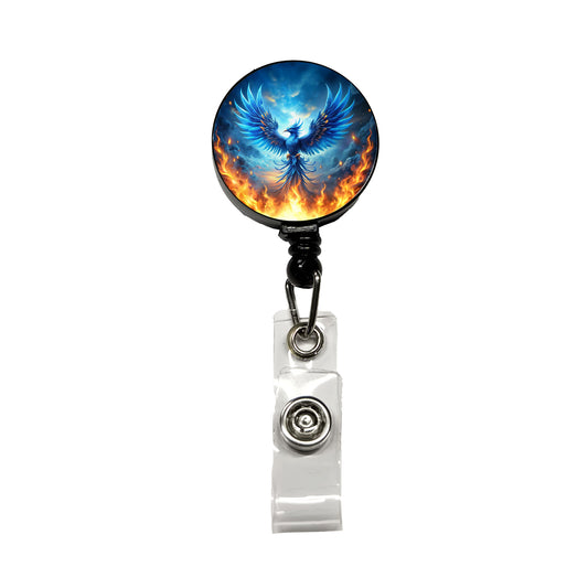 Blue Flaming Phoenix Rising From Ashes Fantasy Bird Retractable ID Key Card Name Tag Badge Holder with Clip