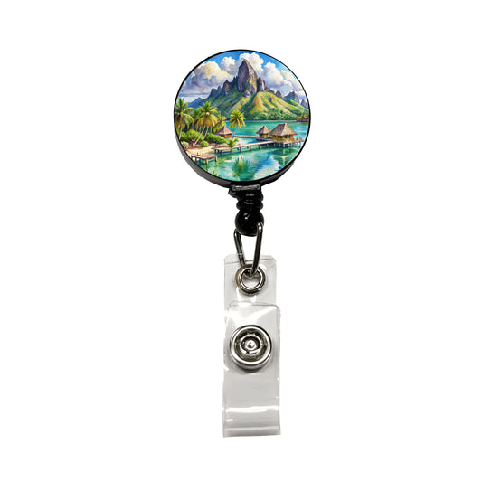 Bora Bora French Polynesia Watercolor Retractable ID Key Card Name Tag Badge Holder with Clip