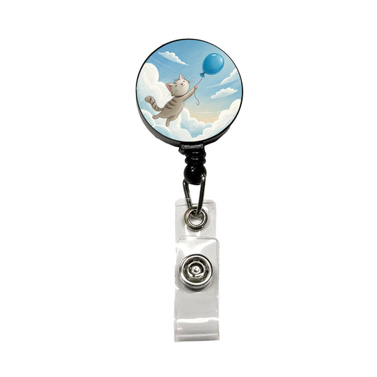 Cat Carried by Blue Balloon into the Sky Retractable ID Key Card Name Tag Badge Holder with Clip