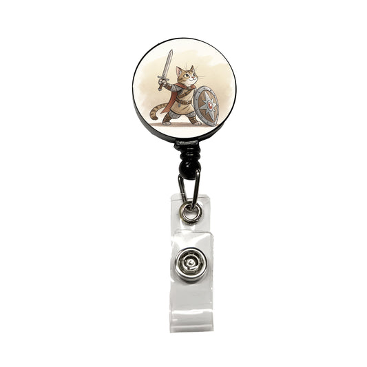 Cat With Sword And Shield Fantasy Medieval Cartoon Retractable ID Key Card Name Tag Badge Holder with Clip
