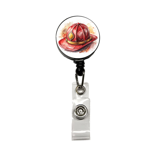 Classic Red Firefighter Fireman Helmet Watercolor Retractable ID Key Card Name Tag Badge Holder with Clip