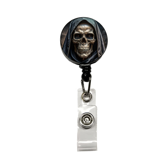 Close-Up Of Grim Reaper Skull Face Halloween Retractable ID Key Card Name Tag Badge Holder with Clip