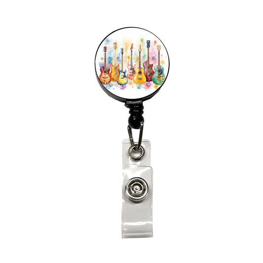 Colorful Guitar Collection Watercolor Retractable ID Key Card Name Tag Badge Holder with Clip