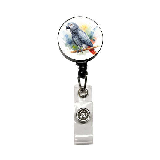 Congo African Grey Parrot Watercolor Retractable ID Key Card Name Tag Badge Holder with Clip