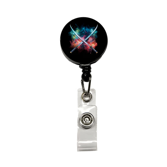 Crossed Katana Samurai Ninja Swords Black Watercolor Retractable ID Key Card Name Tag Badge Holder with Clip