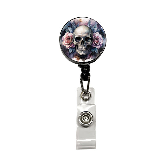 Death Skull Roses Black Watercolor Retractable ID Key Card Name Tag Badge Holder with Clip