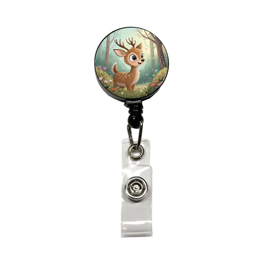 Deer Children's Illustration Style Retractable ID Key Card Name Tag Badge Holder with Clip