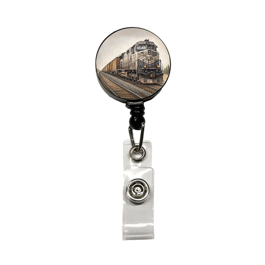 Diesel Locomotive Pulling A Long Line Of Freight Cars Retractable ID Key Card Name Tag Badge Holder with Clip