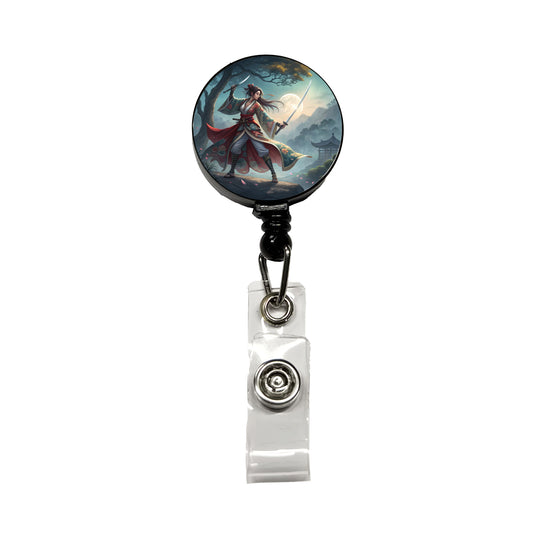 Fantasy Female Warrior Classic Japanese Anime Style Retractable ID Key Card Name Tag Badge Holder with Clip