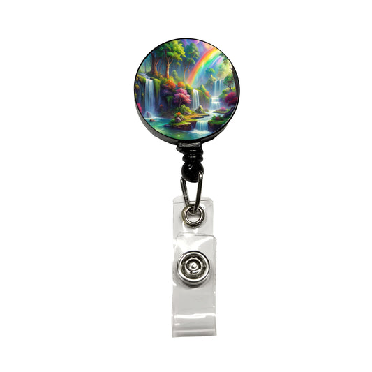 Fantasy Forest Rainbow Waterfalls Watercolor Retractable ID Key Card Name Tag Badge Holder with Clip