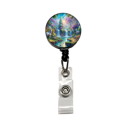 Fantasy Forest Waterfalls and White Horses Watercolor Retractable ID Key Card Name Tag Badge Holder with Clip