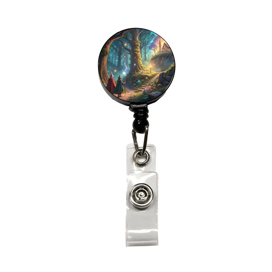 Fantasy Forest with Wizards Retractable ID Key Card Name Tag Badge Holder with Clip