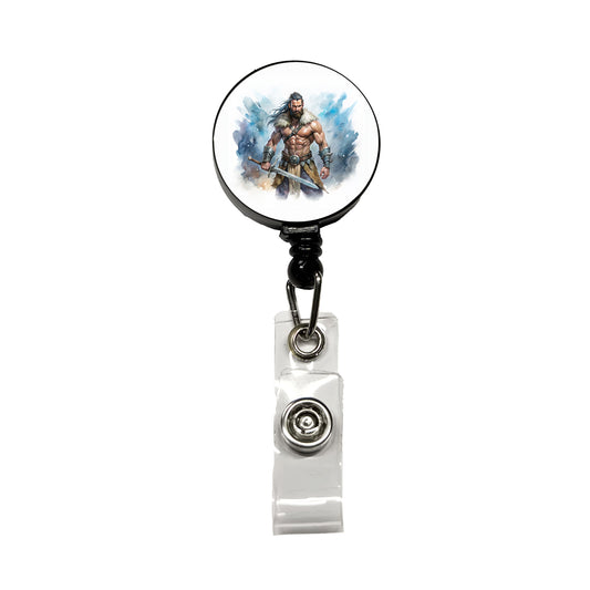Fantasy Male Barbarian With Two-Handed Sword Retractable ID Key Card Name Tag Badge Holder with Clip
