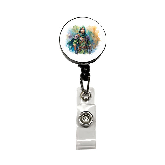 Fantasy Male Rogue Thief Watercolor Retractable ID Key Card Name Tag Badge Holder with Clip