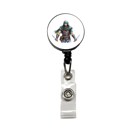 Fantasy Male Thief Rogue with Daggers Watercolor Retractable ID Key Card Name Tag Badge Holder with Clip