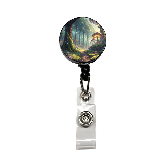 Fantasy Mushroom Forest Mystical Anime Style Retractable ID Key Card Name Tag Badge Holder with Clip
