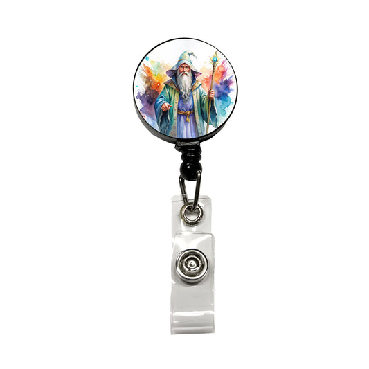 Fantasy Wizard Magician Magic User Watercolor Retractable ID Key Card Name Tag Badge Holder with Clip