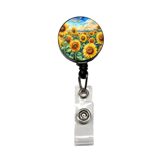 Field Of Sunflowers Watercolor Retractable ID Key Card Name Tag Badge Holder with Clip