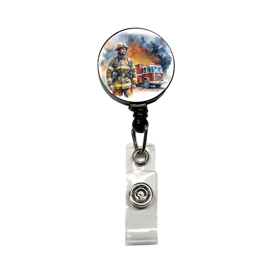 Firefighter and Fire Engine Watercolor Retractable ID Key Card Name Tag Badge Holder with Clip