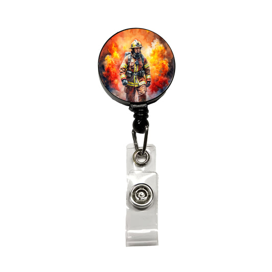 Firefighter Walking Out of Flames Watercolor Retractable ID Key Card Name Tag Badge Holder with Clip