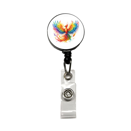 Flaming Rainbow Phoenix Rising Fantasy Watercolor Retractable ID Key Card Name Tag Badge Holder with Clip