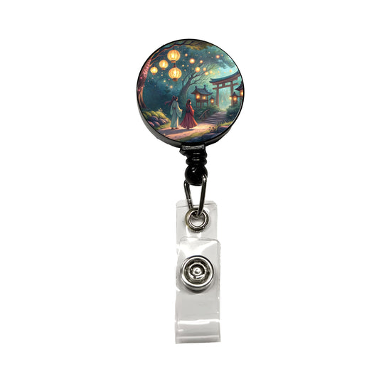 Forest Temple Entrance Torii Gate Fantasy Japanese Anime Style Retractable ID Key Card Name Tag Badge Holder with Clip