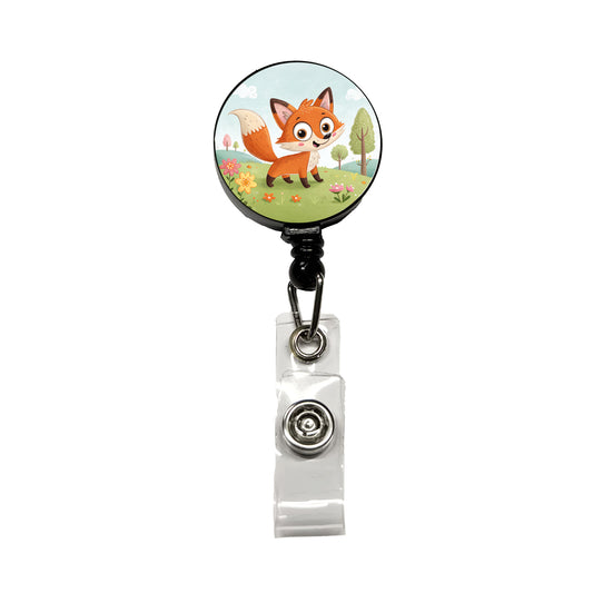 Fox Children's Illustration Style Retractable ID Key Card Name Tag Badge Holder with Clip
