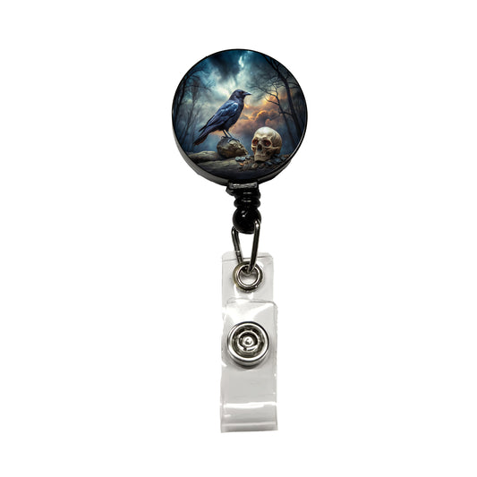 Gothic Raven Death Skull Halloween Retractable ID Key Card Name Tag Badge Holder with Clip