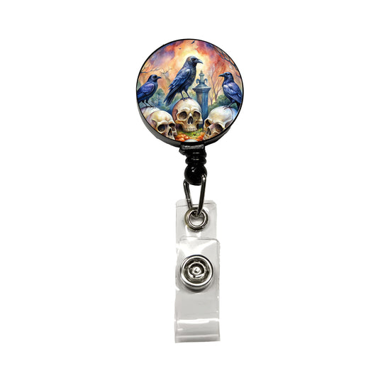 Gothic Raven Death Skulls Watercolor Retractable ID Key Card Name Tag Badge Holder with Clip