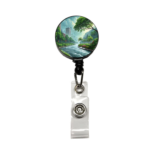 Heavy Monsoon Rain Storm City Landscape Retractable ID Key Card Name Tag Badge Holder with Clip