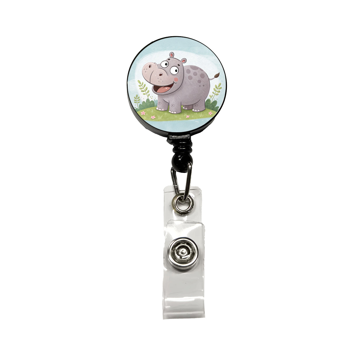 Hippo Children's Illustration Style Retractable ID Key Card Name Tag Badge Holder with Clip
