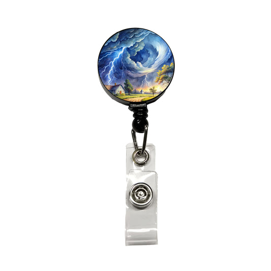 Hurricane and Lightning At Night in the Country Watercolor Retractable ID Key Card Name Tag Badge Holder with Clip