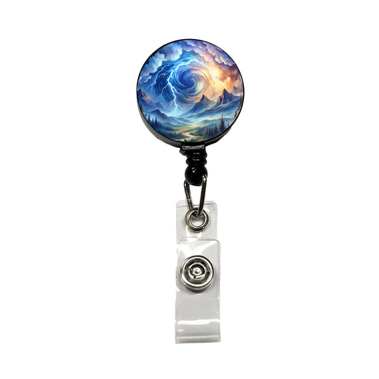 Hurricane and Lightning At Night in the Mountains Watercolor Retractable ID Key Card Name Tag Badge Holder with Clip
