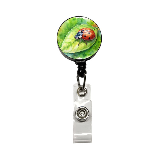 Ladybug On Leaf Watercolor Retractable ID Key Card Name Tag Badge Holder with Clip