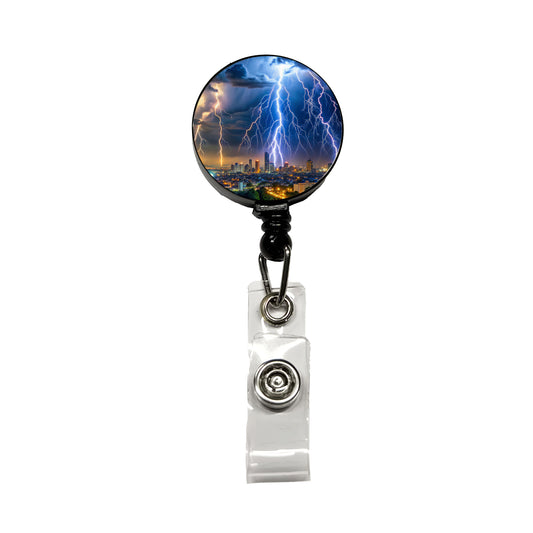 Lighting Strikes Over City At Night Retractable ID Key Card Name Tag Badge Holder with Clip