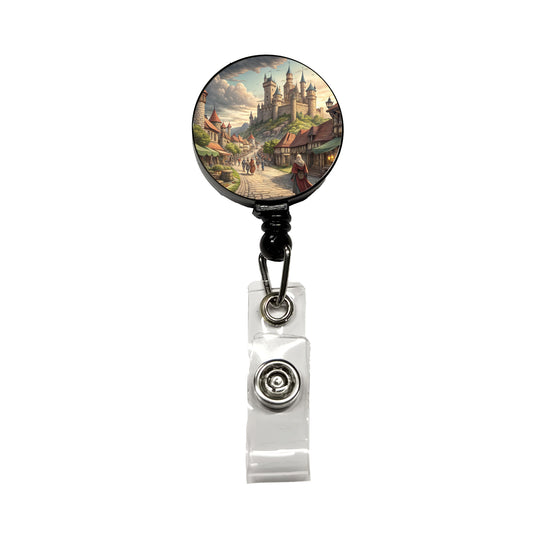 Medieval Kingdom Village with Castle Retractable ID Key Card Name Tag Badge Holder with Clip