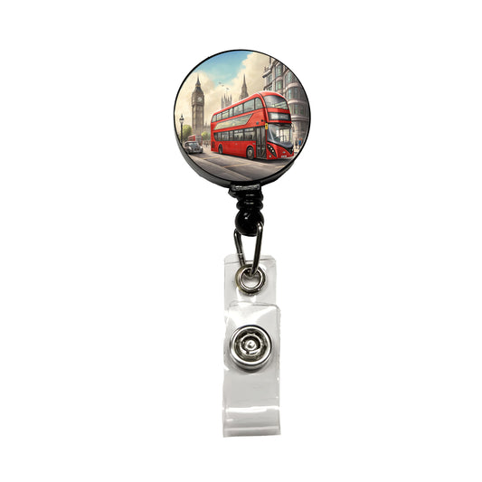 Modern Double Decker Bus In London England Retractable ID Key Card Name Tag Badge Holder with Clip