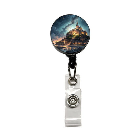 Mont Saint Michel Monastery Lit Up At Night Normandy Retractable ID Key Card Name Tag Badge Holder with Clip
