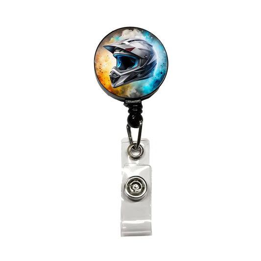 Motocross Racing Bike Helmet Black Watercolor Retractable ID Key Card Name Tag Badge Holder with Clip