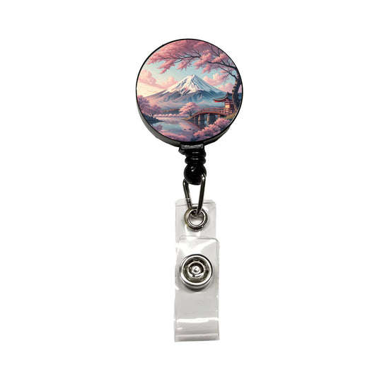 Mount Fuji During Cherry Blossom Season Japan Retractable ID Key Card Name Tag Badge Holder with Clip