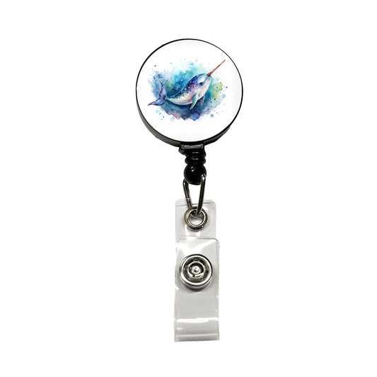 Narwhal Swimming Unicorn of the Sea Watercolor Retractable ID Key Card Name Tag Badge Holder with Clip