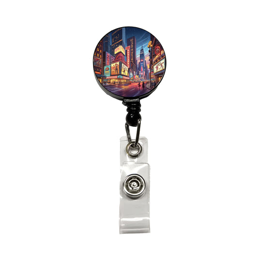 Neon Lights of City Center at Night Retractable ID Key Card Name Tag Badge Holder with Clip