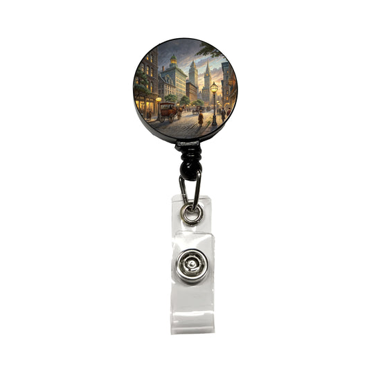 New York City Street in the 1800's Retractable ID Key Card Name Tag Badge Holder with Clip